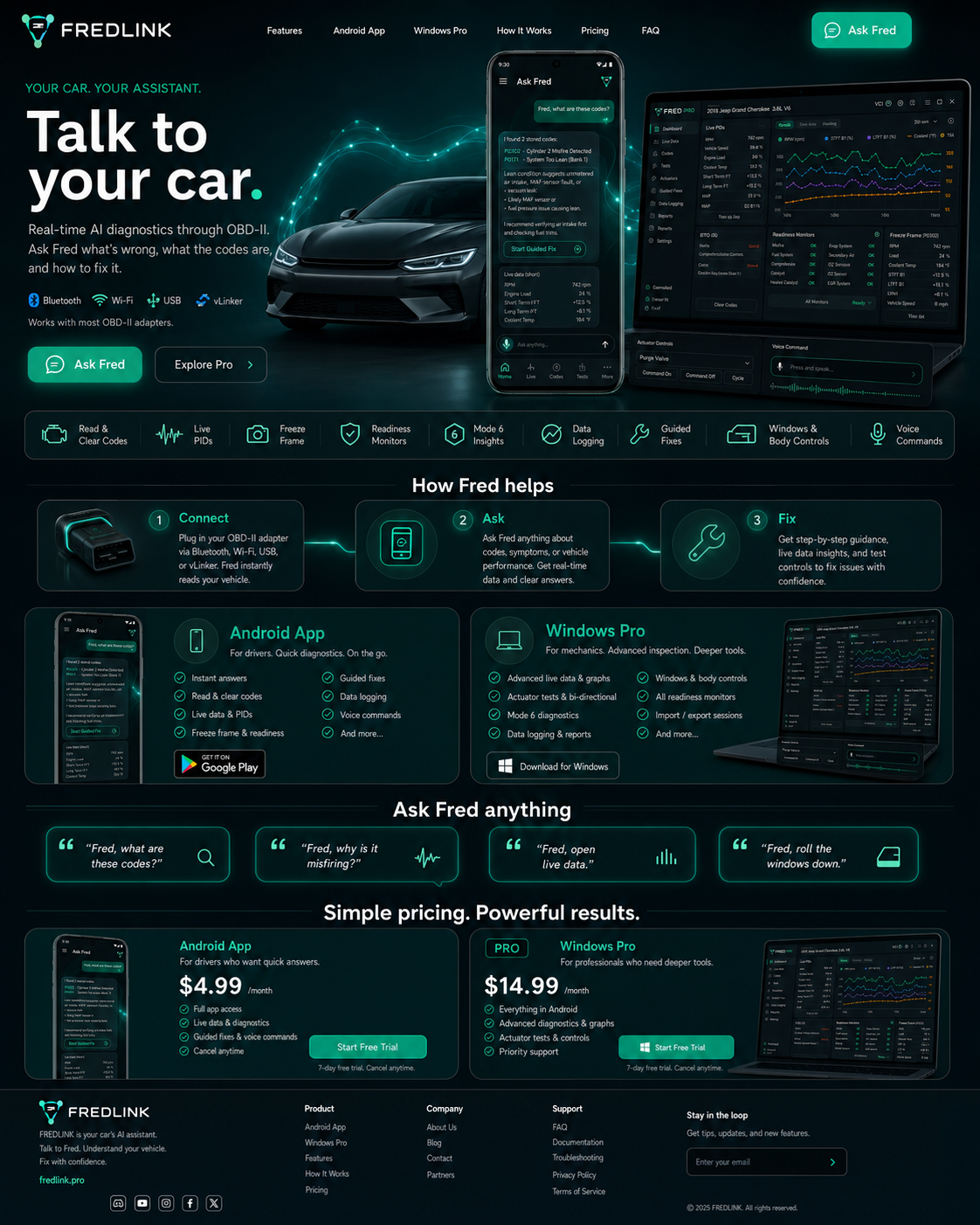 FREDLINK Android app and Windows Pro diagnostics with car, phone, and laptop